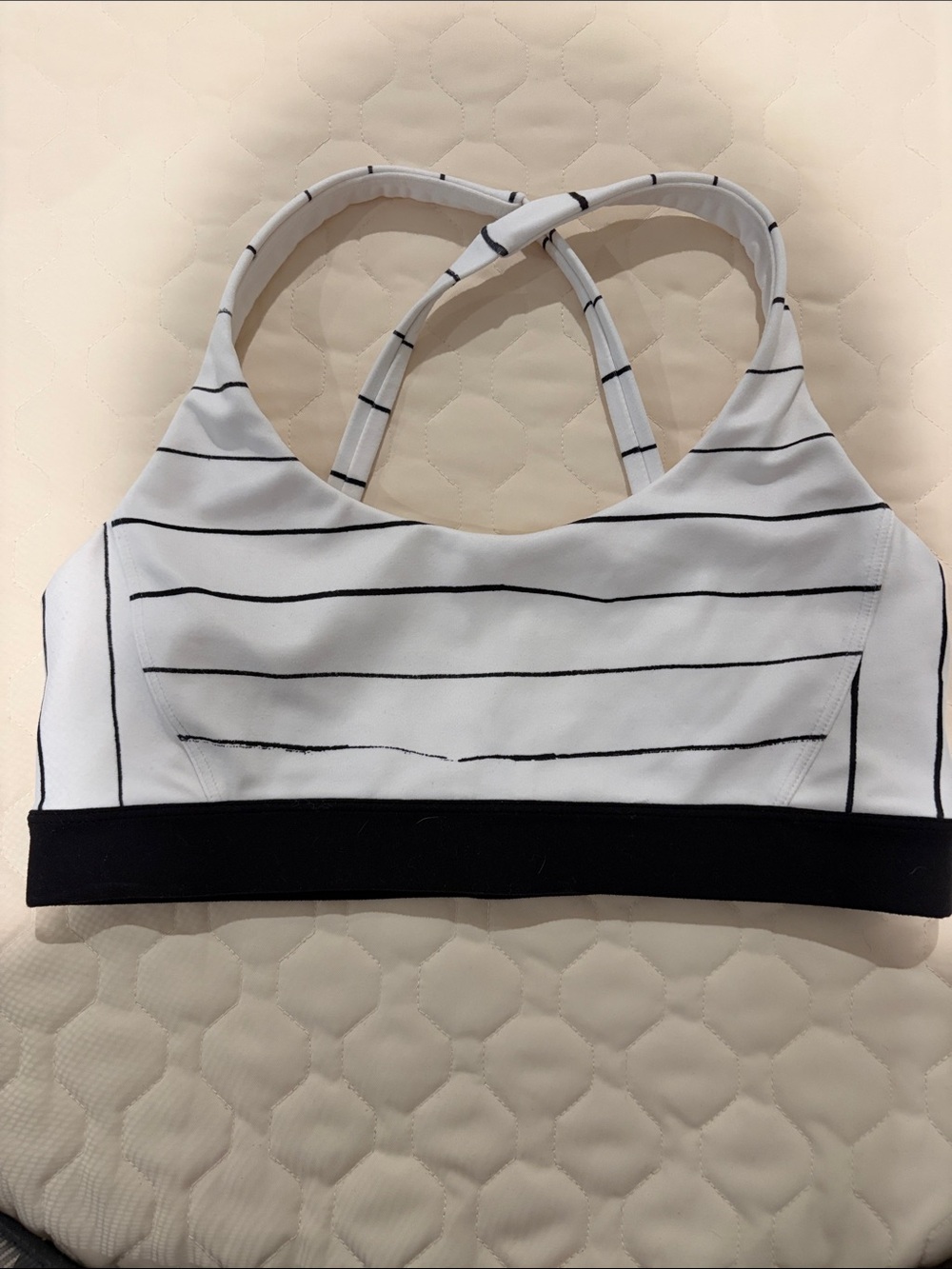 Striped White & Black Sports Bra with Crossback Straps